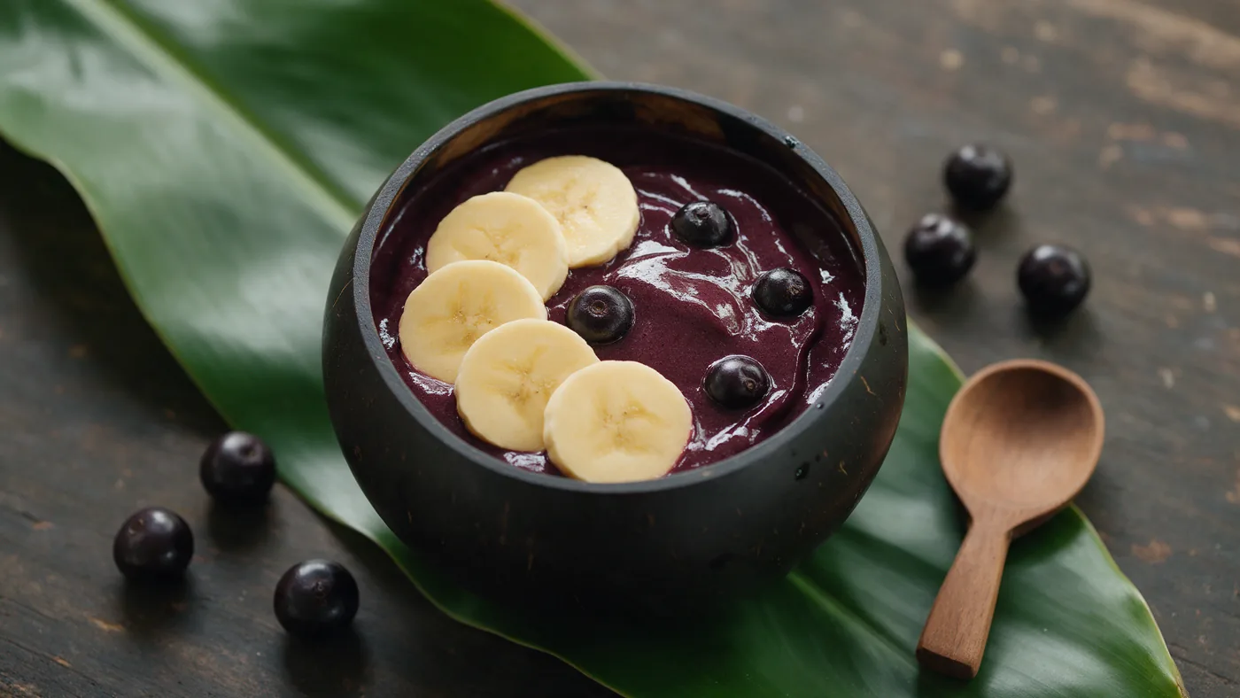 Bowl de açaí con pulpa de naidí, banano y frutos de naidí en una totuma